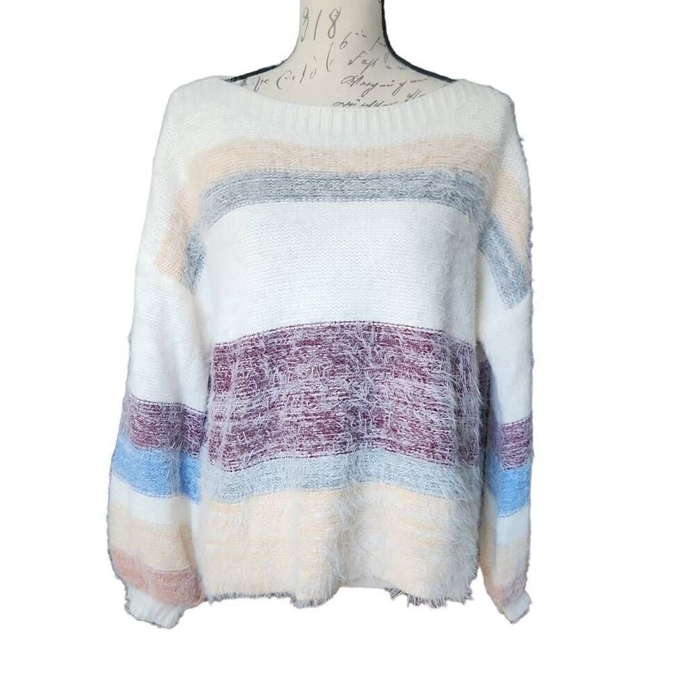 Venus Women's Size Small White Pink Blue Fuzzy Long Sleeve Sweater
